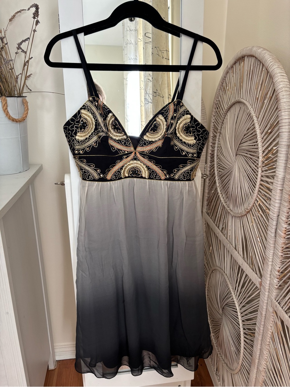 Guess by Marciano Black and Gray Ombre Beaded Babydoll Dress